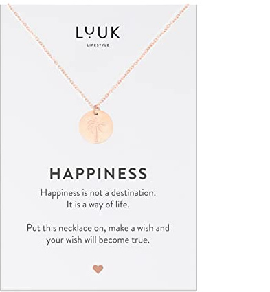 LUUK LIFESTYLE Collier filigrane au design fin avec pendentif palmier et carte cadeau HAPPINESS, acier inoxydable, collier de l'amitié, idée cadeau, rose