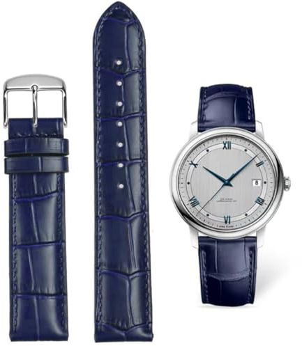 FOUUA Uhrenarmbänder Band Echtes Leder Armband Alligator Geprägte Ersatzarmbänder Armband,Blau-silber,22mm