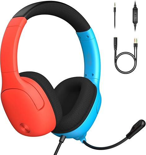 Pdp Gaming Lvl40 Stereo Casque avec Mic pour Nintendo Switch - Pc, Ipad, Mac, laptop Compatible - Noise Cancelling Microphone, Soft Compourt On Ear Headphones, 3.5 Mm Jack - Neon Bleu-Rouge