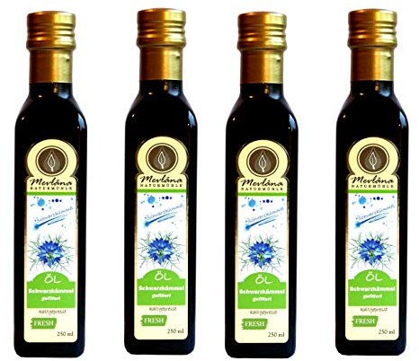Mevlana Naturmühle Schwarzkümmelöl 4x250ml (1Liter), ungefiltert, schonend kaltgepresst, mühlenfrisch aus eigener Westerwälder Ölmühle