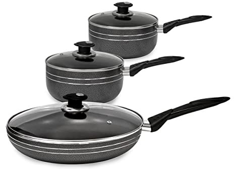 SQ Professional UNA Non-Stick Aluminium Essential Kit - 3pc Saucepan & Frying Pan Set - Pot & Pan Set with Tempered Glass Lid & Steam Vent -Saucepan 16cm & 20cm - Frying Pan 24cm