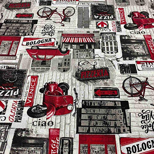 Kt KILOtela - Canvas Dekostoff, Home-Accessoires, Dekorationen, Tischdecken, Vorhänge, Kissen, Vorhänge, Taschen, Basteln, 300 cm Länge x 280 cm Breite, Vespa, Pizzeria, Dolce Vita, Rot - 3 Meter