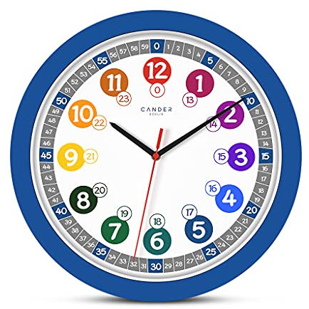 Cander Berlin MNU 1030 J Kinderwanduhr lautlos 30,5 cm geräuschlos Lernuhr Lernzifferblatt Kinderzimmer farbenfroh blau analog Kinderzimmer Jungen Mädchen ohne Tickgeräusche Lernen