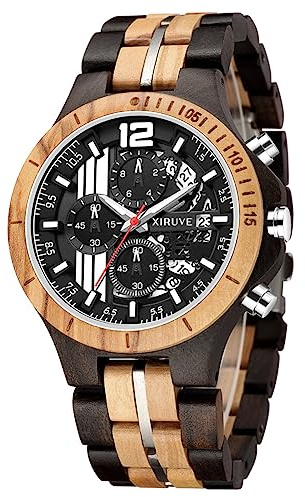 XIRUVE Orologio in Legno da Polso Uomo Calendario Cronografo Quarzo Naturale