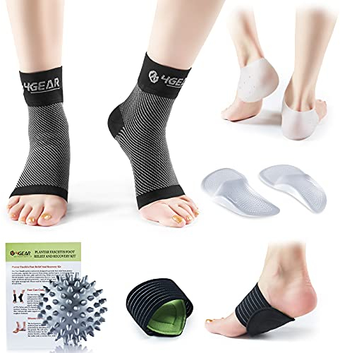 Plantarfasziitis Fuß Schmerzlinderung Kit-Kompression Socken, Silikon Fersenschutz, Gepolsterte Fußgewölbestützen, Gel-Einlagen & Stacheliger Massageball-Schnelle Linderung von Fußschmerzen(S/M)