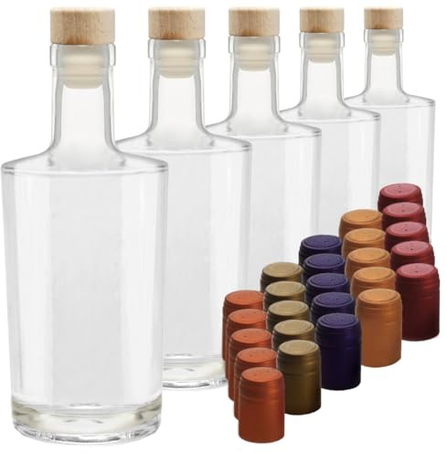 Geniess-Bar! 5 Glas Karaffen elegante Flaschen 0,35 L leer für Whisky Gin Cognac zum selbst befüllen mit Korken & 25 farbigen Schrumpfkapseln