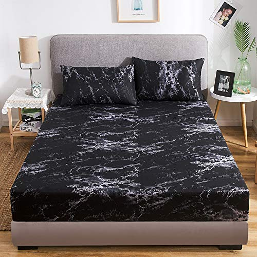 Damier Marmor Spannbettlaken 180x200cm Schwarz Weiß Marmor Muster Spannbetttuch Weiche Mikrofaser Boxspringbett Bettlaken geeignet für Matratzen von 30cm