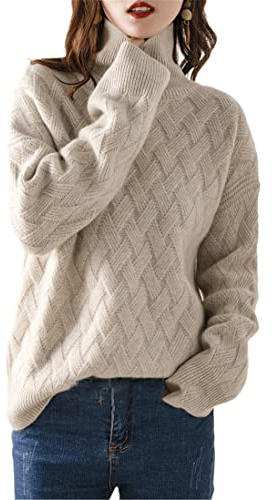 Pokem&Hent Herbst und Winter Oversized Strickpullover Rollkragen Damen Sweater Dicker Kaschmir Pullover, Reis Kamel, M