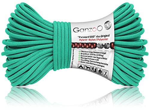 Ganzoo Paracord 550 Seil türkis 4 mm Typ 3, 30 m Hybrid Nylon Polyester, 32-litziger Mantel, 7 Kernstränge, ca. 250 kg Bruchlast, für Camping Schnur, Abspannungen, Reparaturen, DIY