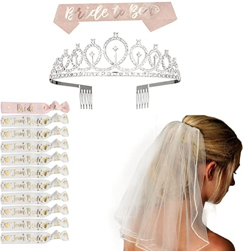 JGA Deko Armband Set, 14 PCS Braut to Be und Team Bride Armbänder Set mit 10 Team Braut Armbänder, 1 Braut Armband, Schleier, Tiara, Schärpe, JGA Accessoires Frauen für Junggesellinnenabschied