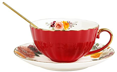 fanquare 3 Stück Vintage Rot Teetasse mit Untertasse, Floral Teetasse mit Löffel, Porzellan Kaffeetasse für Latte, Cappuccino, 200ml