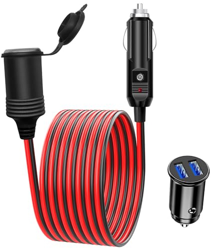 Hoembpn 1.5M/4.9FT 17AWG Car Cigarette Lighter Extension Lead Cable LED with Fuse 15A, 12V/24V Car mini Dual USB Charger Socket Cigarette Lighter Adapter Fast Charger Car Camping Accessories Red