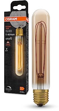 Osram Vintage 1906 LED-Lampe mit Gold-Tönung, 4,8W, 400lm, besondere Röhrenform mit 32mm Durchmesser & E27-Sockel, warmweiße Lichtfarbe, gerades Filament, dimmbar, bis zu 15.000 Stunden Lebensdauer