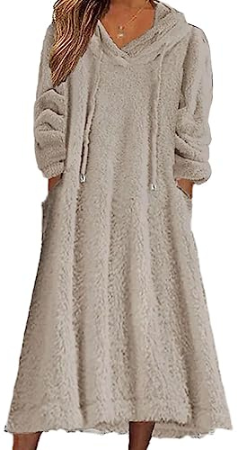 Tomwell Robe Longue Femmes Automne Hiver Lâche en Peluche à Capuche Casual Robe à Capuche Col Rond Manche Longue Couleur Unie Casual Pullover Robe A Kaki L
