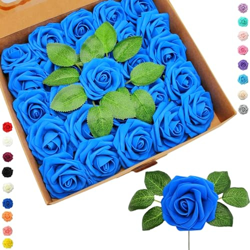COSORO 25 Stück Blau Künstliche Blumen Rosen,Deko Blumen Realistisch Schaumrosen mit Stielen Basteln für Bouquet Brautstrauß,Hochzeit,Geburtstagsdeko,Heimdekoration,Arrangements Party Deko,Garten