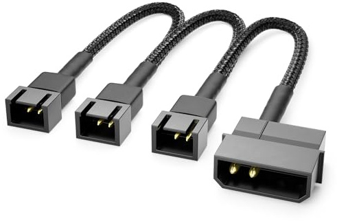 deleyCON 20cm 4-Pin Molex 12V auf 3x3-Pin Lüfterkabel - Schwarz | Kurzes 20cm, Lüfteradapter für Prozessor- und Gehäuselüfter, Verlängerung Netzteil Lüfter Kabel