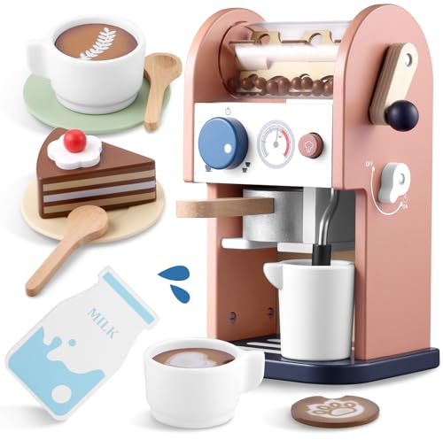 GAGAKU Wooden Coffee Machine Toy with Grinder,15 pcs Wood Play Kitchen Accessories for Kids Non-Toxic Pretend Play Barista Set Learning Gift for Toddlers Girls Boys Ages 3+