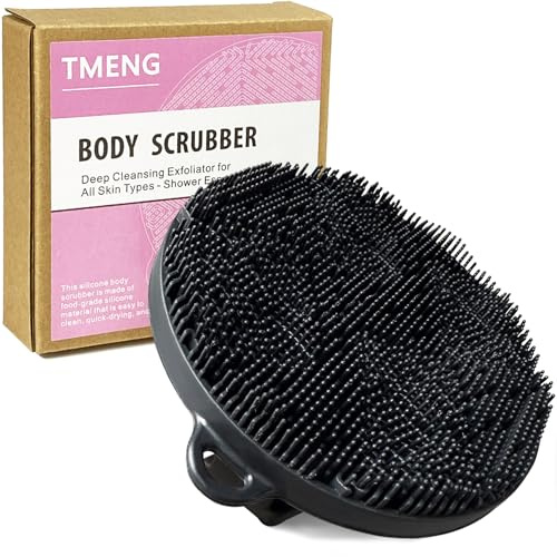 Silicone Body Scrubber-Silicone Shower Brush for Gentle Exfoliating & Lathering with Body Scrub & Wash, Durable & Hygienic, Deep Cleansing Exfoliator for All Skin Types - Shower Essential (Black)