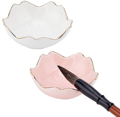 PH PandaHall 2PCS Keramische Tuscheplatte, 2 Farben Blume Porzellan Tuscheschale Chinesische Pinselablagen Pinselständer Farbpaletten für Kalligraphie Sumi-E Malerei Japanische Drucke
