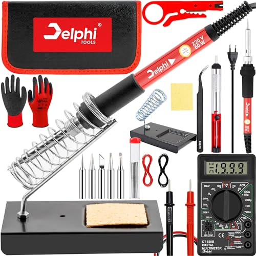 DELPHI Lötkolben Set 60W Lötstation 23 in 1 Lötset Mit Temperatur Einstellbar 200-450°C, 6x Lötspitzen Soldering Kit Mit Ein/aus Schalter, Lötkolbenständer Lötset Für Elektrische Arbeiten