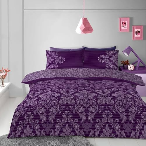Lions Damask Bedding - Purple King Size Duvet Covers Set with Matching Pillowcase, Poly Cotton Reversible Quilt Cover Bed Sets, Easy Care, 230x220cm