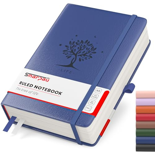 Smarpau Carnet de Notes A5, bloc-notes à couverture rigide en cuir avec 320 pages, papier épais 100 g/m², journal ligné pour femmes et hommes, travail, bureau, école, voyages, 14,5 x 21 cm - bleu
