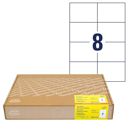 AVERY Zweckform 8024 universella etiketter (2 400 självhäftande etiketter A7, 105 x 74 mm till A4, tryckbara fraktetiketter, självhäftande adressetiketter, fraktklistermärken, 3427) 300 ark