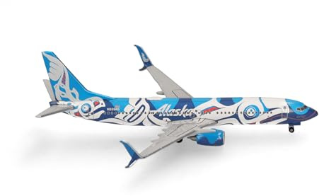 Herpa modellflygplan Boeing 737-800 Xáat Kwáani (laxpersoner) Alaska Airlines miniatyr i skala 1:500, samlarobjekt, modell utan stativ, metall