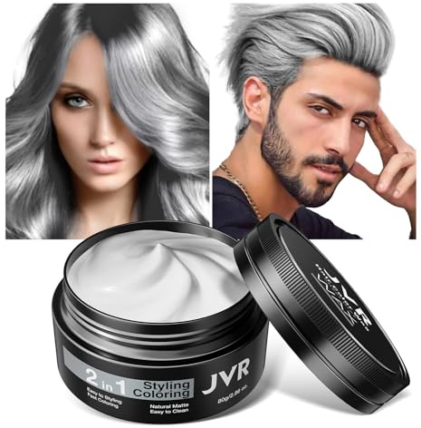 JVR Gray Temporary Hair Color Wax, Instant Hairstyle Cream, Grey Styling Pomade for Men Women, Disposable & Washable Coloring Mud Hair Style All Day Hold for Party, Cosplay, Masquerade, 80g
