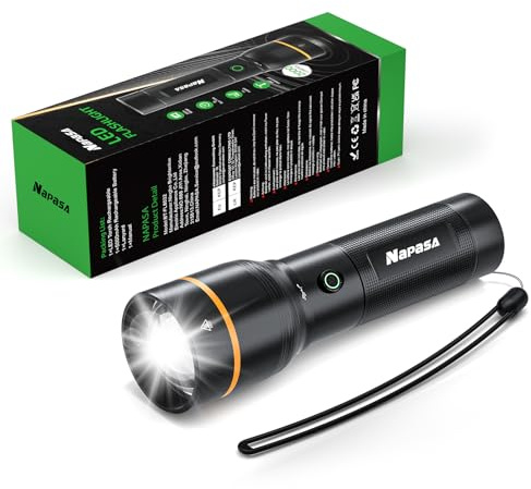 NAPASA Taschenlampe (2000 Lumen, 5000 mAh Akku) - Taschenlampe LED aufladbar - LED Flashlight Extrem Hell, IP67 Wasserdicht, Zoombare Torch mit 5 Lichtmodi für Camping, Wandern, Outdoor, Notfäll