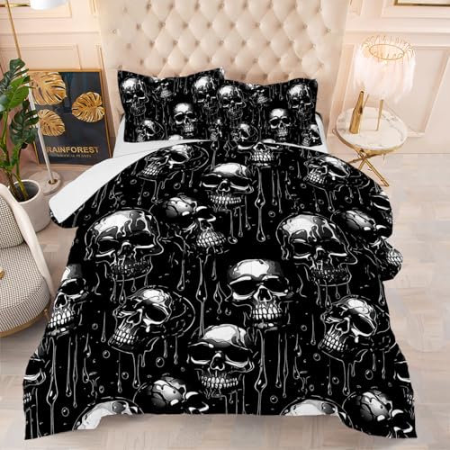 Bettdecke 200X200 Schwarzer Schädel Bettdecken 200Gsm,Dünne Und Leichte Duvet,4 Jahreszeiten Bettdecken,Weiche Mikrofaser Bettdecke Mit 2 Kissenbezüge,Warm Steppbettdecke Für Allergiker