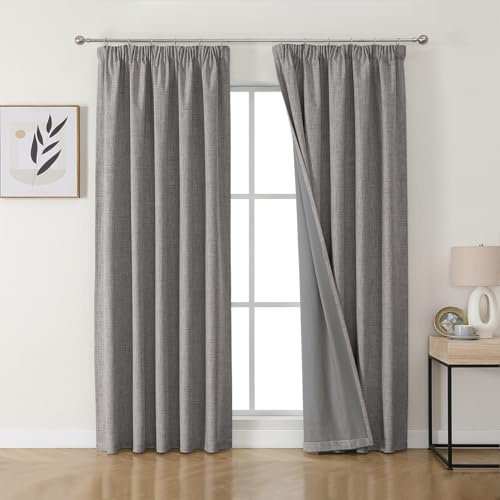 Joydeco 100% Rideau Occultant Thermique en Lin avec Galon Fronceur 117x229 cm 2 Pièces, Rideau Isolant Thermique Anti Froid et Chaleur à Passe Tringle pour Décoration de Porte Fenêtre