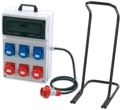 Quadro ASC portatile, 3KW 230V/9KW 400V, IP65, 3 prese 2P+T 16A e 3 prese 3P+T 16A, spina 3P+N+T 16A, con magnetotermico differenziale, pulsante di emergenza e cavalletto - Rosi 2281C