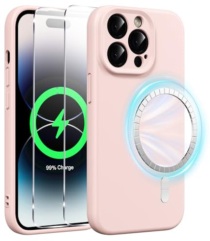 Xiltlly Cover Magnetica in Silicone Liquido per iPhone 14 Pro 6,1 Pollici con 2 Pezzi Vetro Temperato, Compatible con MagSafe Magneti Integrati, Custodia Antiurto AntiGraffio per iPhone 14 Pro, Rosa