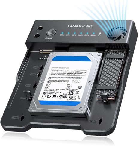 GRAUGEAR Estación de acoplamiento M.2 NVMe y SATA SSD/HDD, estación de clonación USB-C de 10 Gbps para HDD y SSD SATA de 2.5 pulgadas/3.5 pulgadas, clonación sin conexión, sin herramientas, ventilador