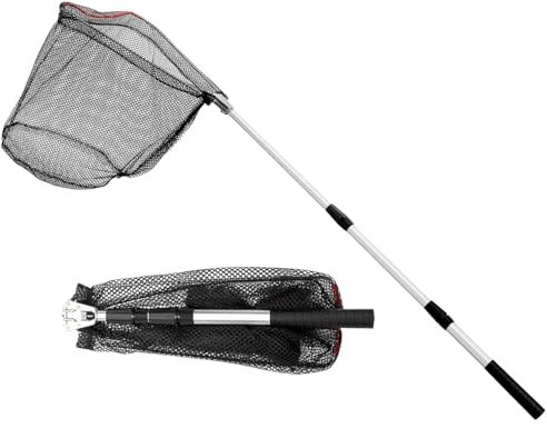 Épuisette de pêche télescopique pliable avec poignée télescopique pour attraper des poissons, aquarium, étangs, objets flottants, carpe truite (mât blanc + filet noir)