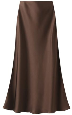 Jupe écossaise femme taille haute unie robe satin fermeture éclair élégante jupe ballerine fille, marron, M