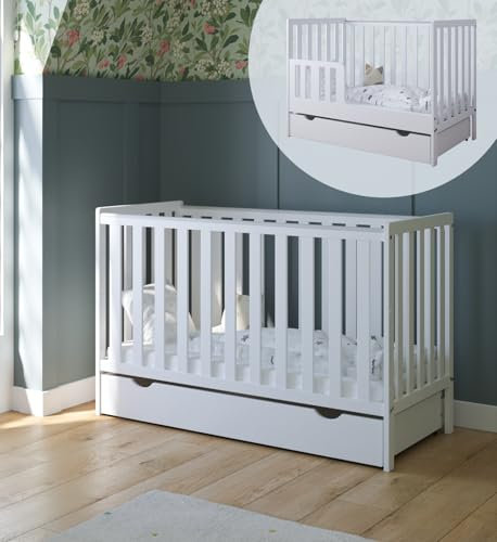 ZEE - Babybett Kinderbett, 2w1 Bett Bambi - Dreistufige Einstellung für Nicht Sitzendes, Sitzendes und Stehendes Kind - DREI Abnehmbare Sprossen - mit Schublade und Geländer - 60x120x86cm, Weiß