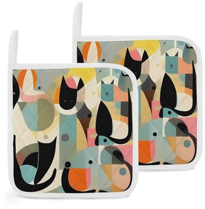 Modern Art Lot de 2 maniques en forme de chat résistant à la chaleur avec boucle antidérapante pour cuisine, cuisson, barbecue, four 20,3 x 20,3 cm