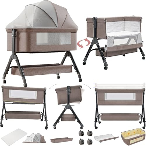 Reenborn Baby mit Rollen, Faltbar Co-Sleeping Babybett, Convertible Stubenwagen Baby Kleinkind Wiege mit Matratze (X3 Khaki)
