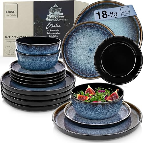 SÄNGER Osaka Steingut Geschirr Set 18 tlg, Teller Set 6 Personen | Geschirrset 6x Speiseteller 6x Müslischalen 6x Dessertteller, Tafelservice blau mit schwarzem Rand kratzfest