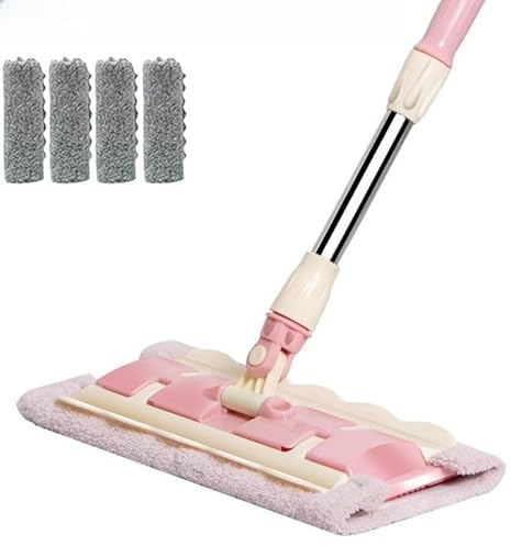 Scopa mocio piatto con manico in acciaio inox, con panni lavabili riutilizzabili, aspirapolvere da pavimento retrattile girevole a 360° per la casa (rosa chiaro)