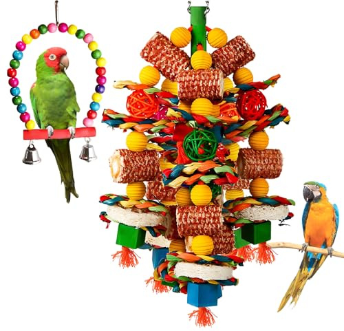 ZexJpr 2-Teiliges Set Vogelspielzeug, Papageienspielzeug Vogel Spielzeug für Wellensittiche und Nymphensittiche, mit Holzspielzeug und Schaukel, Ideal geistige Stimulation und Körperliche Aktivität
