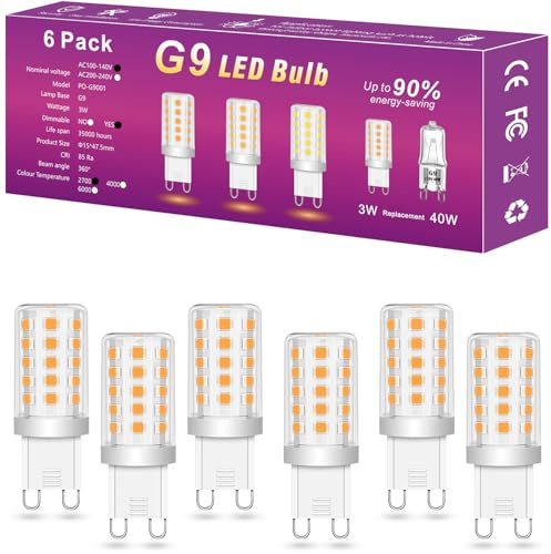 POIUYTO G9 LED Bulbs Dimmable,120V, 2700K Soft Warm White, 3W Replacement for 40 Watts Halogen,T4 Bi-pin Base, Small G9 Socket for Chandelier, 450 Lumen,360°Beam Angle,No-Flicker, 6 Pack ﻿