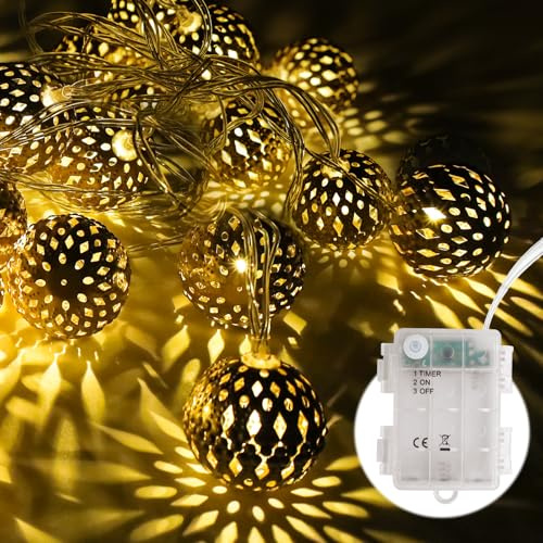 COEKI Guirlande Lumineuse LED Exterieur Interieur 20 20 Sphères Métalliques, 5M Étanche IP44 avec Minuterie - Guirlande Lanternes à Piles pour Jardin, Mariage, Terrasse, Fête