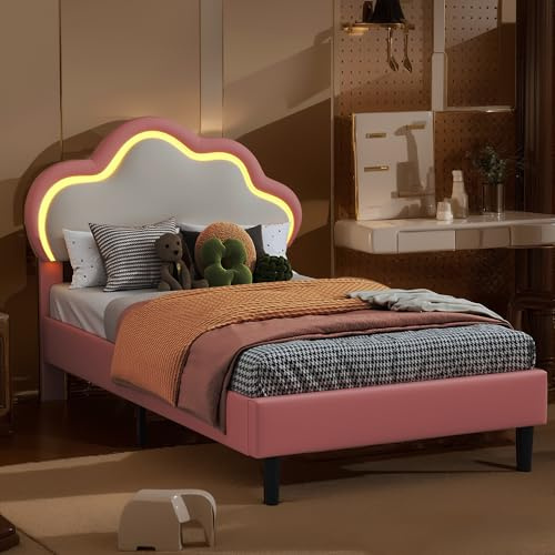 LIVLUX Lit Rembourré 90 x 200 cm,lit Princesse avec tête de lit LED réglable et sommier à Lattes, lit Fille, Tête de lit en Forme de Nuage,pour Enfants et Adolescents,PU (Rose C, 90 x 200 cm)