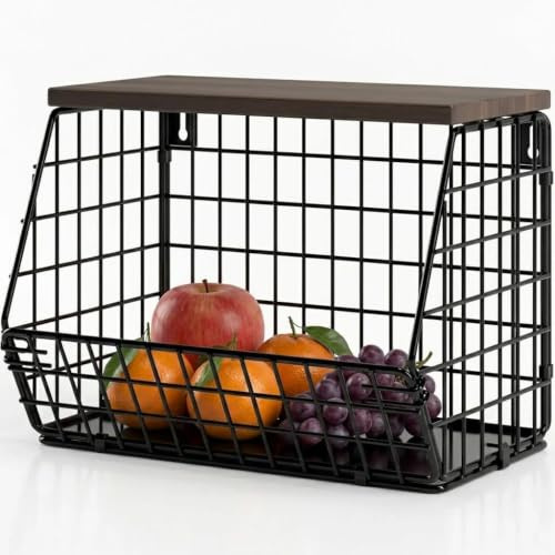 Obstkorb Hängend Metall,Hängekörbe Küche,Obstschale Hängekorb Küche Schwarz–Obst Etagere Wandkorb,Hängeregal Aufbewahrung,mit Holzdeckel und Schrauben,für Gemüse Bananen Brot,Schwarz