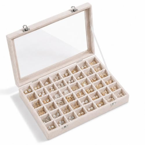 ORGENYOYO 48 Grid Earring Storage Organiser,Velvet Jewellery Tray with Lid