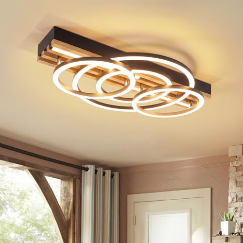 GBLY LED Deckenleuchte Holz Dimmbar 50cm Deckenlampe Wohnzimmerlampe Modern | 60W Schlafzimmerlampe Schwarz für Wohnzimmer Schlafzimmer Küche Esszimmer Flur Büro Lampe Ring Deckenbeleuchtung Geometrisch