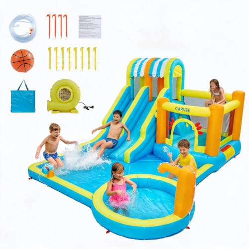 XXL Hüpfburg Mit Gebläse, 8-in-1 Wasserspielplatz Mit Doppelslide